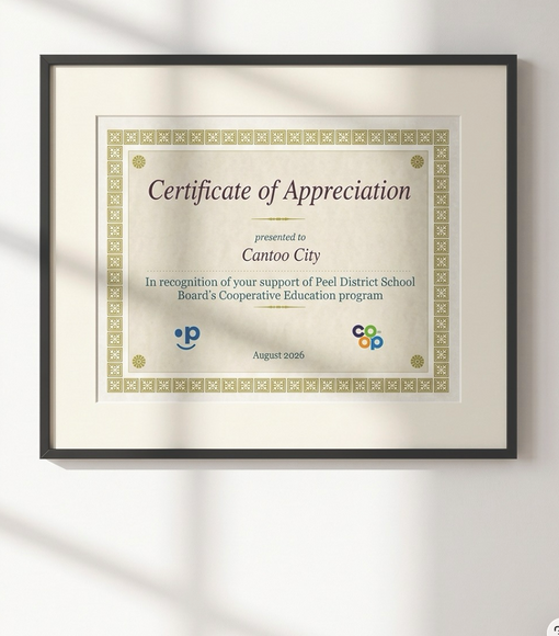 Certificate of Appreciation from Peel School Board