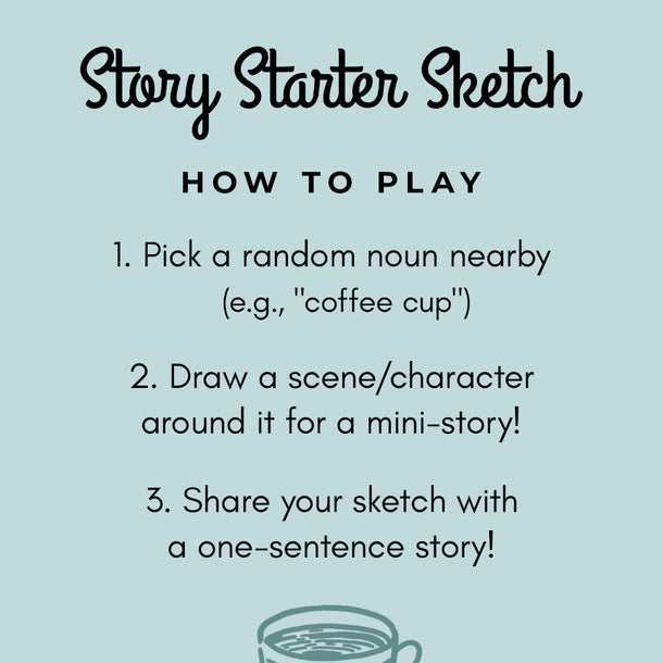 Instructions for a 'Story Starter Sketch' game on a light blue background from Doodle Square