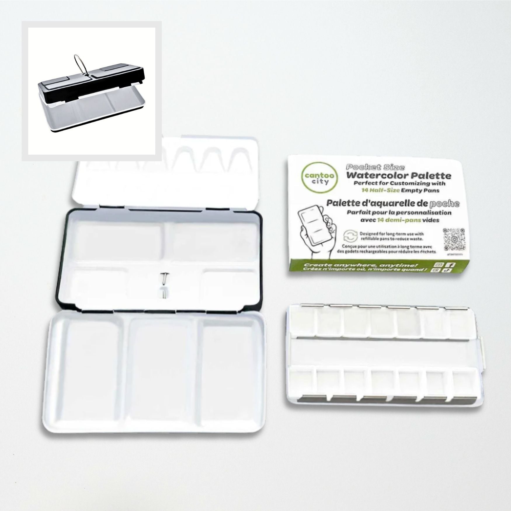 Set of watercolor palettes and a paintbrush on a white background