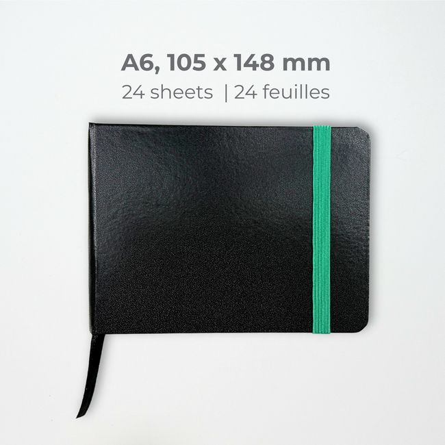 Cantoo City Black Skechbook with a green ribbon on a white background