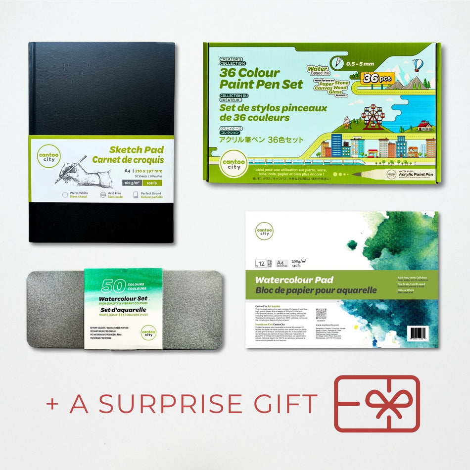 Art supplies including a sketch pad, paint pen set, watercolour pad, and a surprise gift on a white background.