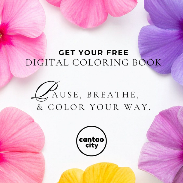 Colorful flowers with text promoting a free digital coloring book from Cantoo City.