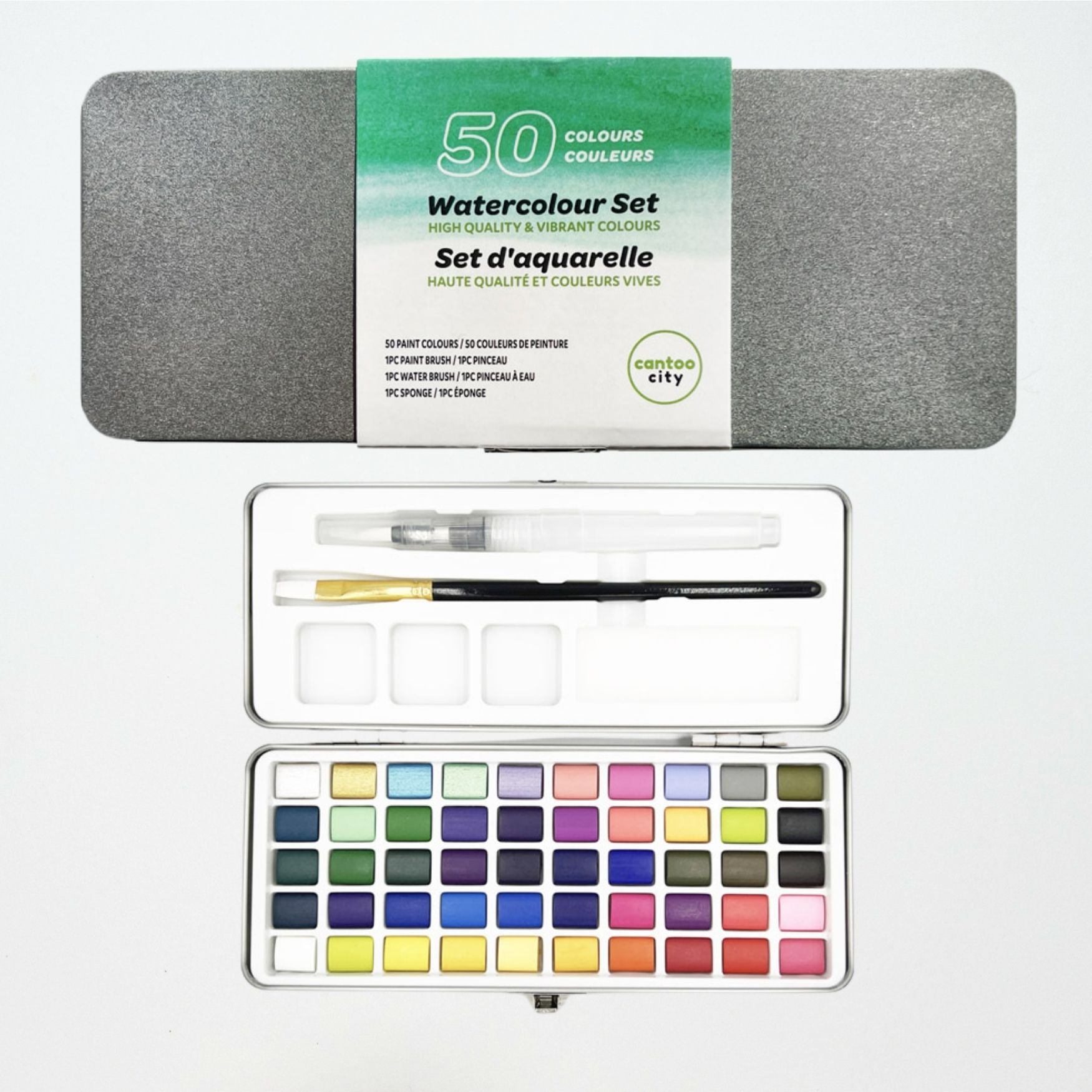 Watercolor set with 50 colors, brush, and accessories on a white background
