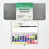 Watercolor set with 50 colors, brush, and accessories on a white background