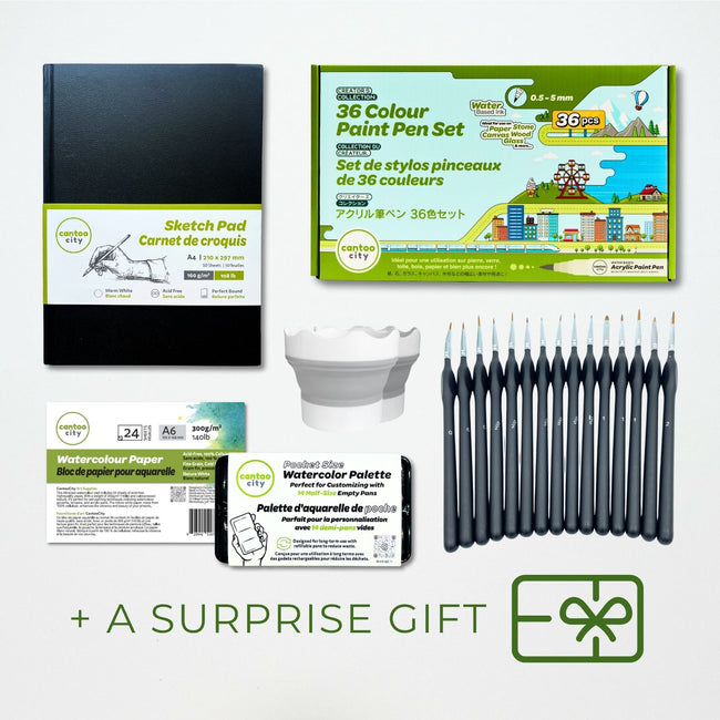 Art supplies including a sketch pad, paint pen set, watercolor paper, and paint palette on a white background.