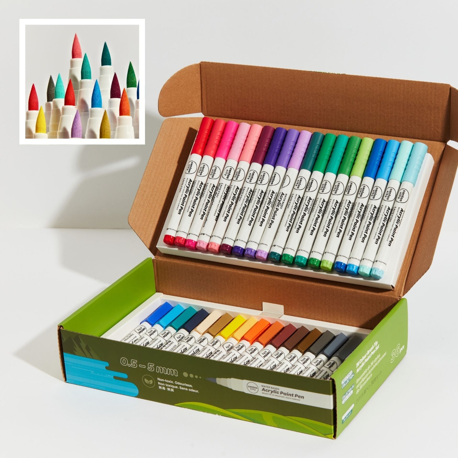 Set of acrylic paint pens in a box with a close-up inset showing the pen tips.