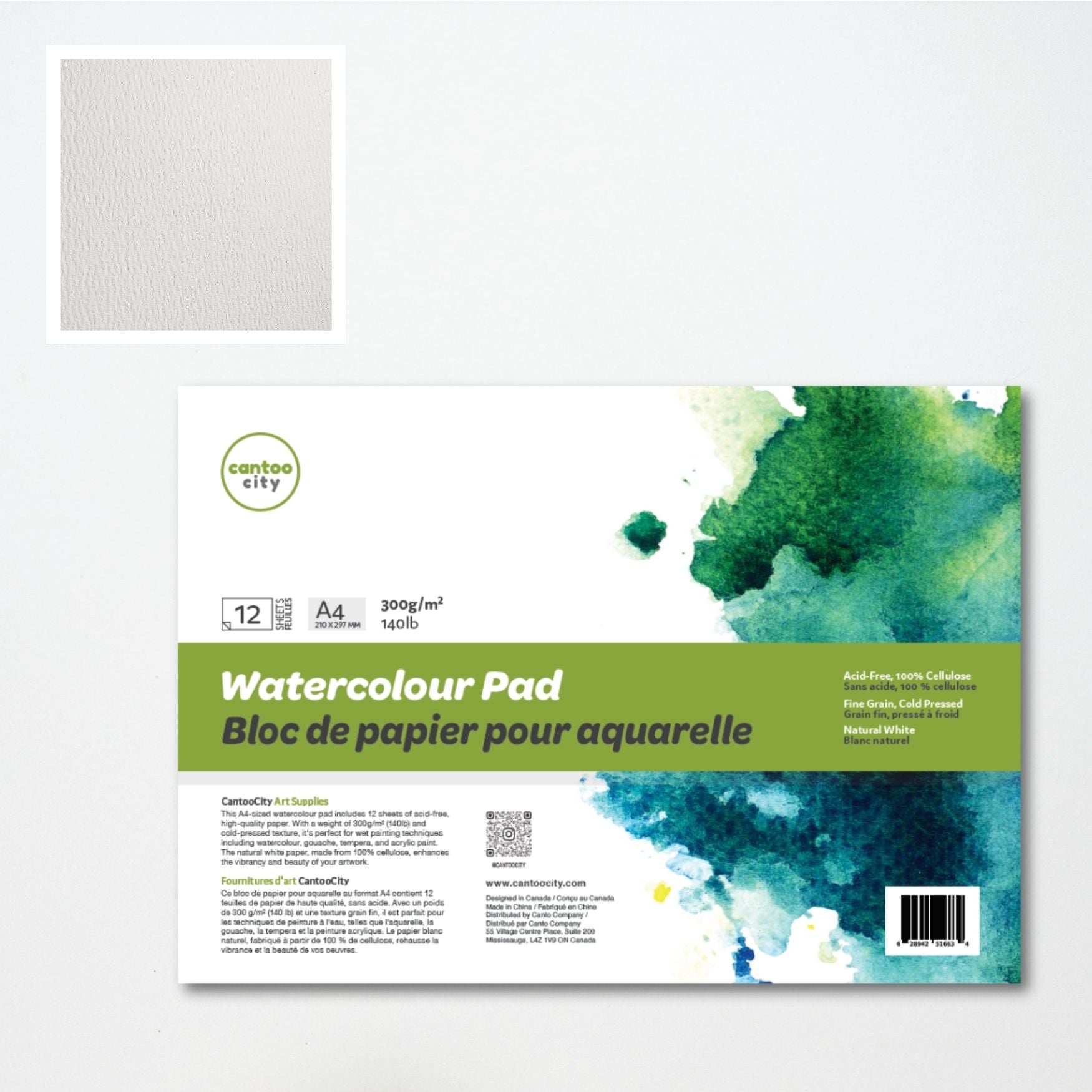 Watercolour pad packaging with green watercolour design on a white background