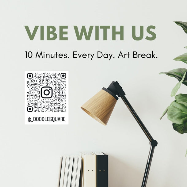 Desk with lamp, books, and plant with 'Vibe with Us' text and QR code.