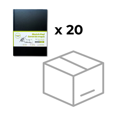 Cantoo City Black Hardcover sketchbook with green label on a white background, next to a casepack box with 'x 20' text.