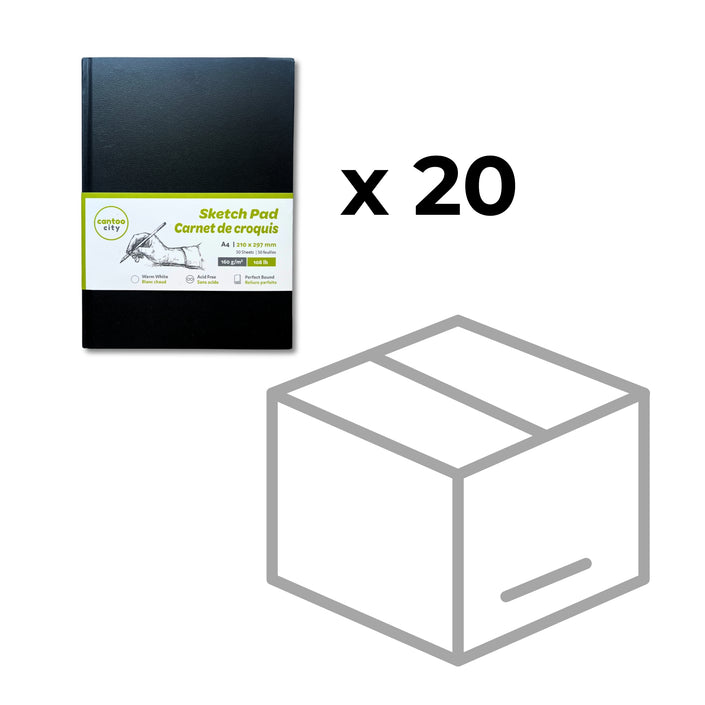 Cantoo City Black Hardcover sketchbook with green label on a white background, next to a casepack box with 'x 20' text.
