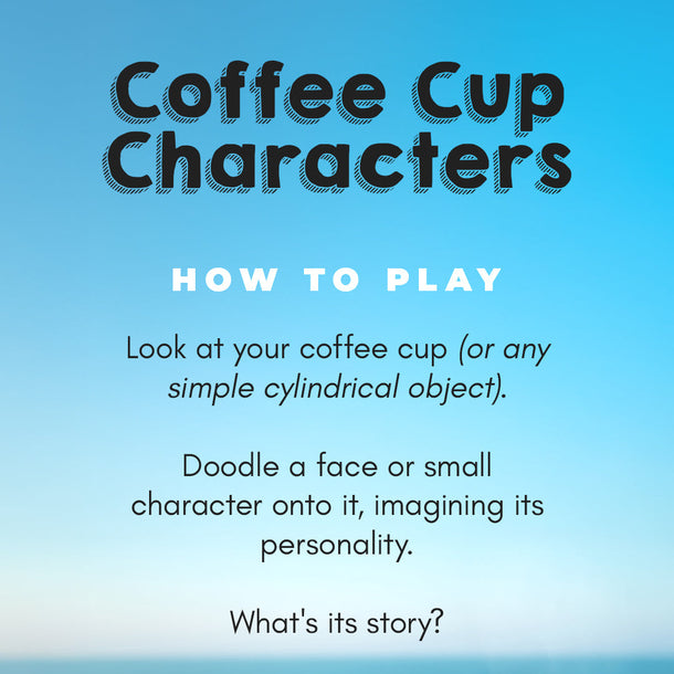 Instructions for 'Coffee Cup Characters' on a blue gradient background from Doodle Square