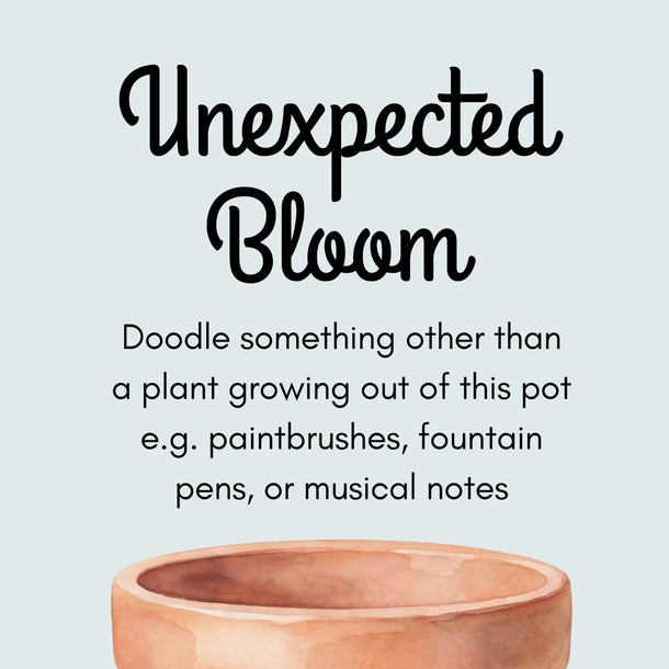 Terra cotta pot with text 'Unexpected Bloom' on a light gray background