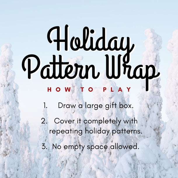 Instructions for a holiday pattern wrap game with snowy trees in the background.