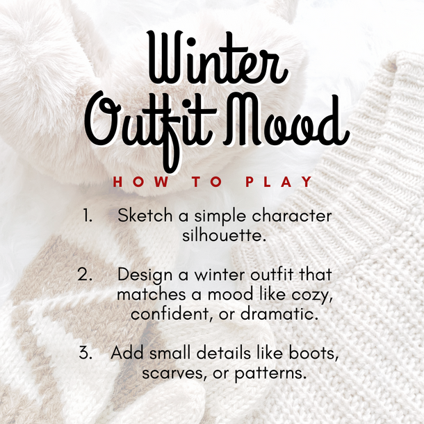Text on a textured white background about creating a winter outfit mood with Doodle Square branding.