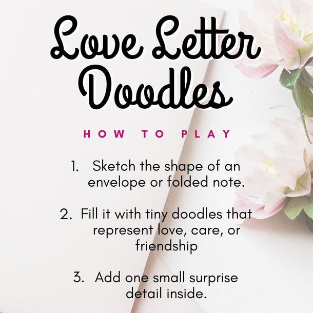 Instructions for creating love letter doodles with a white background and envelope.