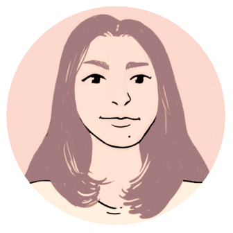 A minimalist vector illustration of a woman's face with shoulder-length brown hair, centered inside a light pink circular frame on a white background.