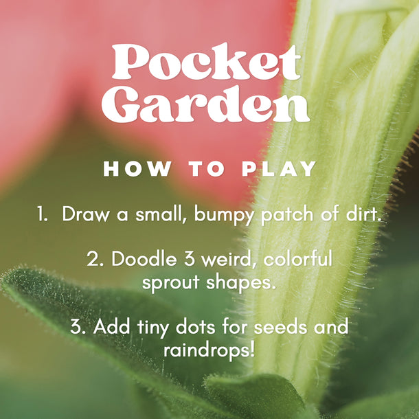 Instructions for a 'Pocket Garden' game with green leaves and pink background