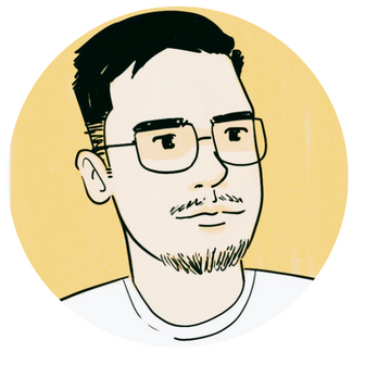 A stylized illustrated portrait of a man with glasses, black hair, and light stubble, centered inside a pale yellow circular frame on a white background.