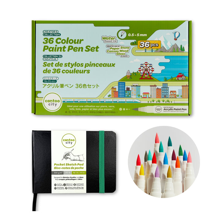 Cantoo City 36-color paint pen set packaging with a small sketch pad and colorful paint pens.