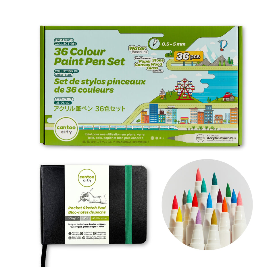 Cantoo City 36-color paint pen set packaging with a small sketch pad and colorful paint pens.