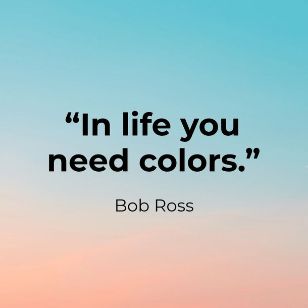 Quote 'In life you need colors.' by Bob Ross on a gradient background with a flower icon.