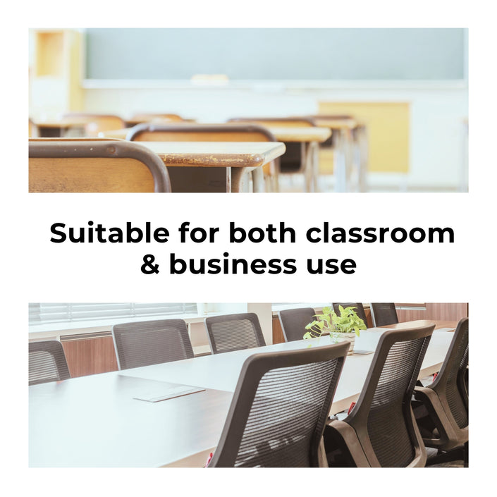 Two images of a classroom and a conference room with text 'Suitable for both classroom & business use'.