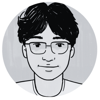 A circular black and white line art portrait of a person with glasses, centered on a light gray background.