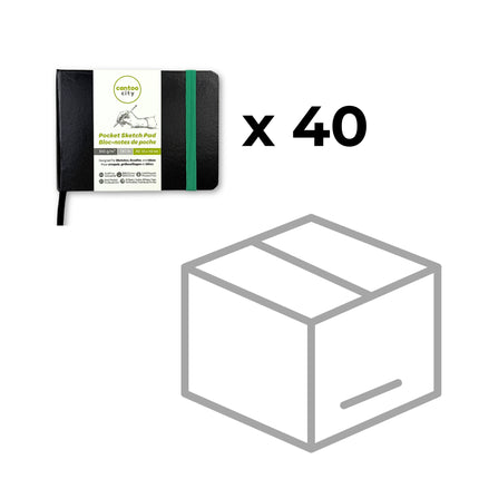Cantoo City's Hardcover Pocket sketchbook case pack offer with a box labeled 'x 40' on a white background