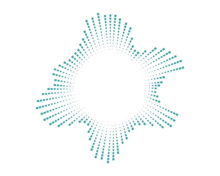 A minimalist teal circular logo or graphic made of radiating dotted lines on a solid white background.