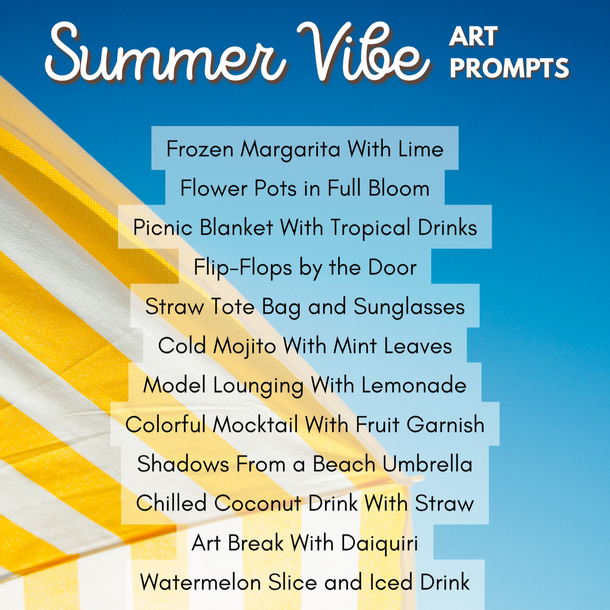 Summer-themed art prompts with a blue sky and yellow umbrella background.
