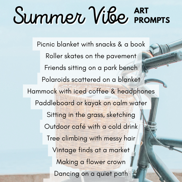 Text prompts for summer-themed art ideas with a picnic blanket and roller skates on a light blue background.